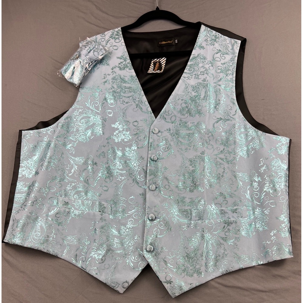 DiBanGu Suit Vest Men XXXL Blue Teal Paisley NWT Formal Waistcoat Bow Tie Set